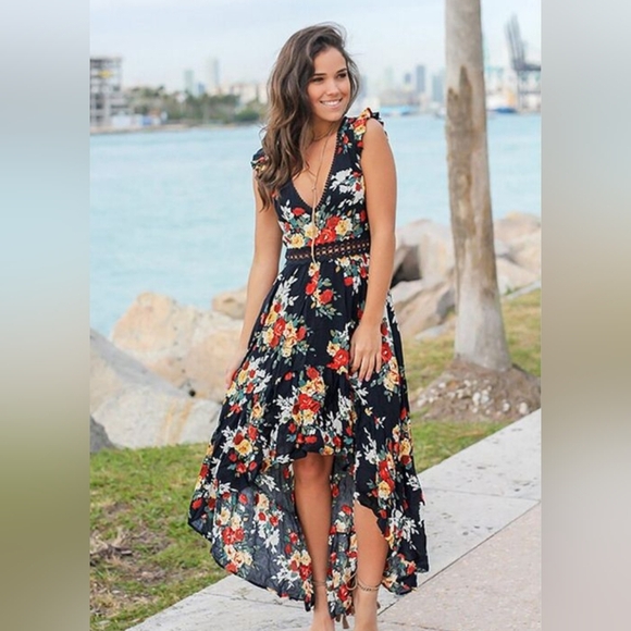 Women's summer Floral lace Maxi Dress Deep v- neck size M - Picture 2 of 13